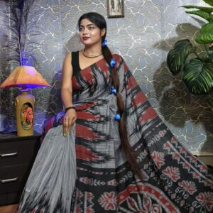 Loomed Legacy – Timeless Grey with Red Zari Border
